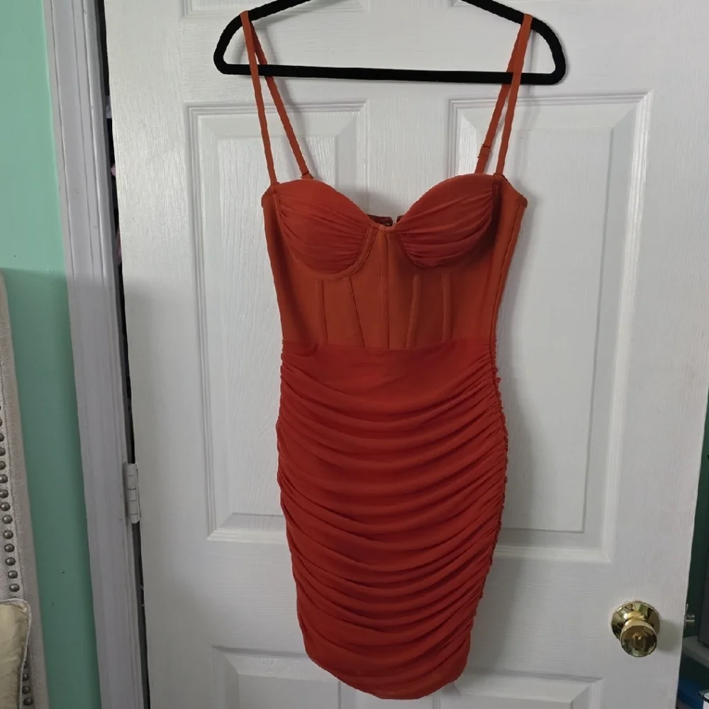 Chic Orange Ruched Mini Dress - Picture 1 of 11
